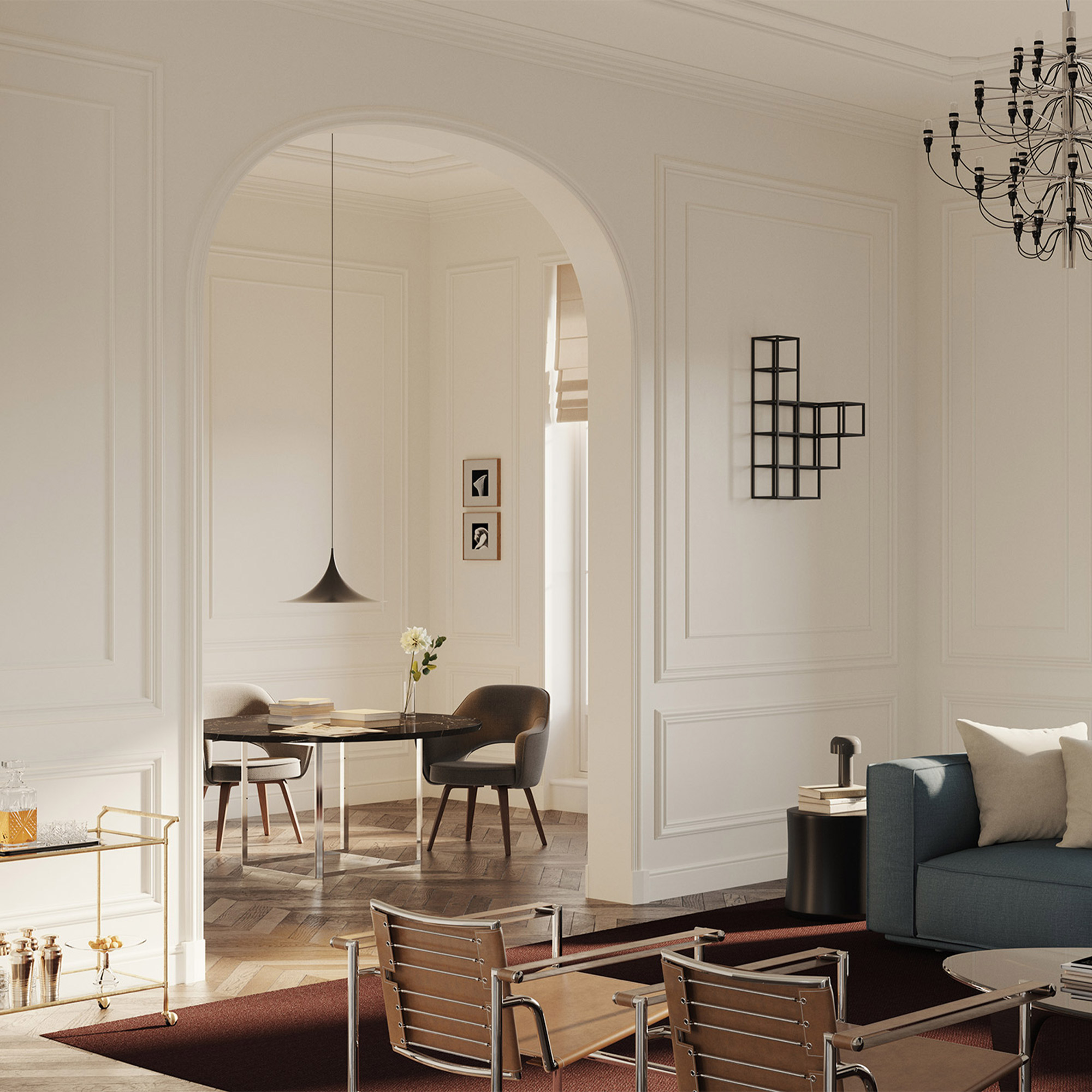 Türumrandung in klassischem Design für ein Wohnzimmer in edlem Ambiente.